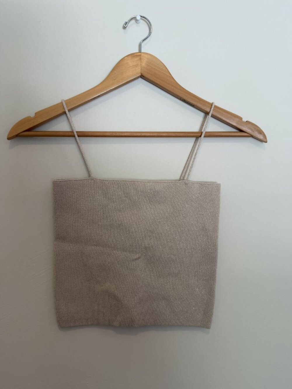 Icone Simons | Knit Nude Spaghetti Strap Cropped Tank with Gold Shimmer